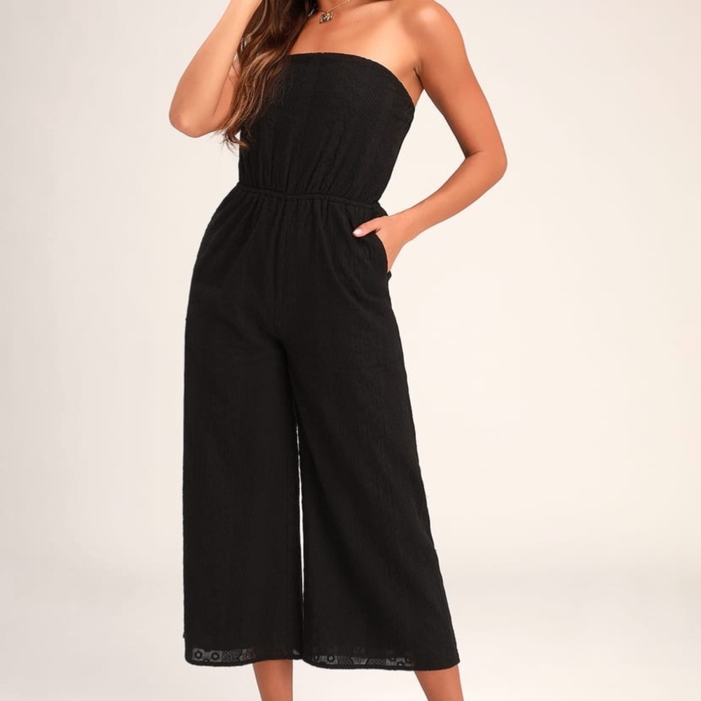 Lulu’s Sunlight Special Black Embroidered Strapless Jumpsuit